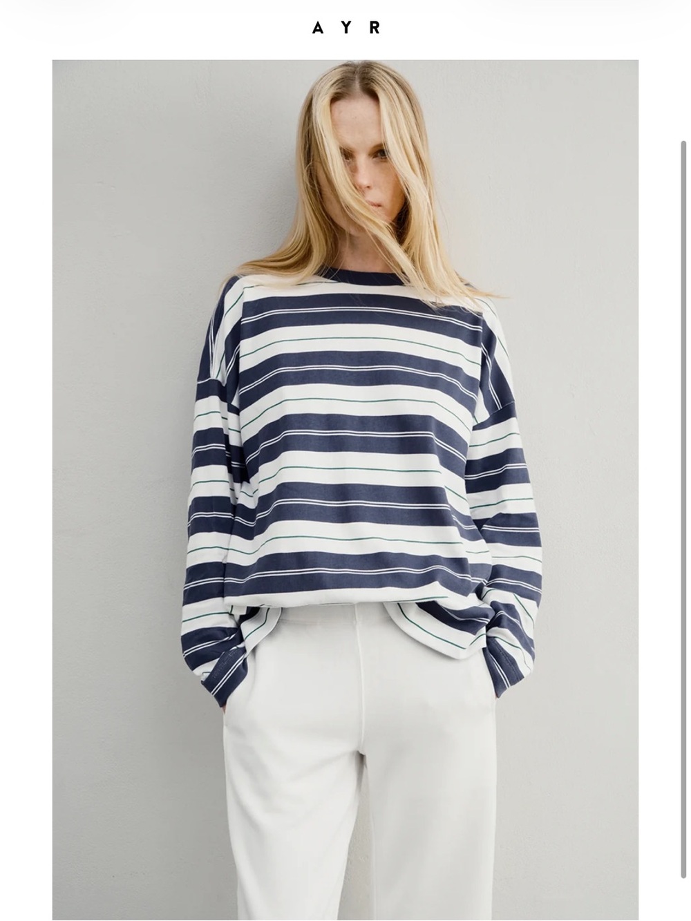 AYR Navy, Green & White Striped Long Sleeve Crewneck